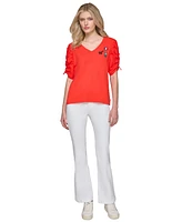 Karl Lagerfeld Paris Women's Ruched-Sleeve V-Neck Top