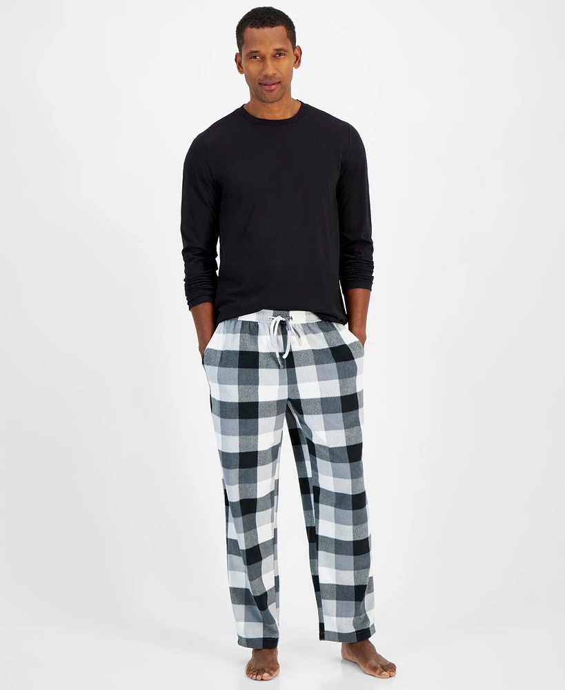 Club Room Men's Fleece Long-Sleeve T-Shirt & Plaid Pajama Pant Set, Created for Macy's