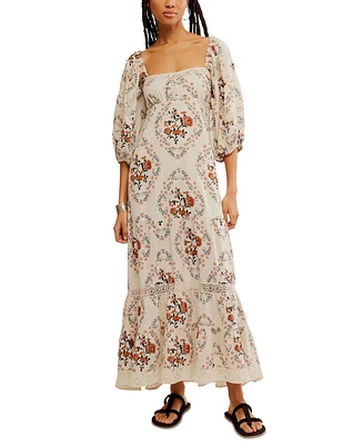 Free People Women's All The Attitude Printed Lace-Trim Balloon-Sleeve Cotton Maxi Dress