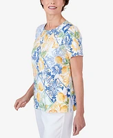 Alfred Dunner Petite Lemons Pleated Neck Short Sleeve Top