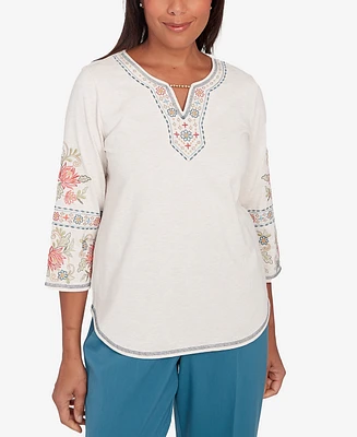 Alfred Dunner Petite Sedona Sky Split Neck Embroidered Top