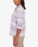 Alfred Dunner Petite Charm School Horizontal Stripe Button Down Top