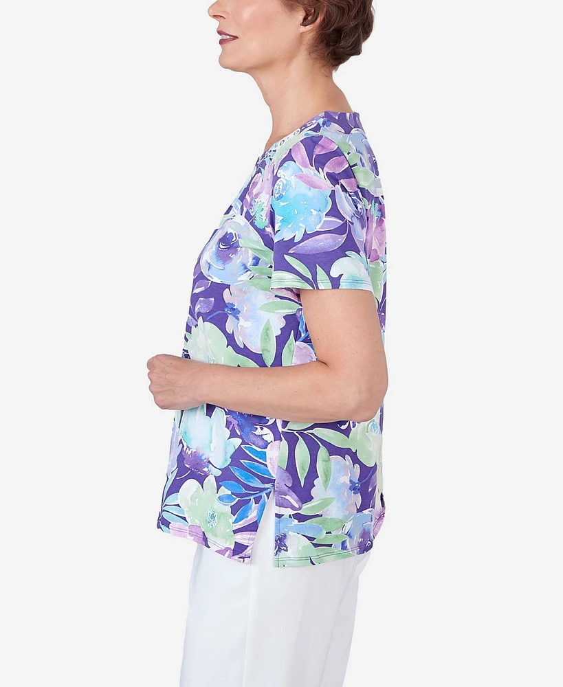 Alfred Dunner Petite Pleated Neck Floral Short Sleeve Tee