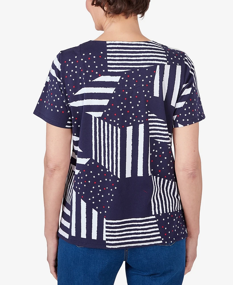 Alfred Dunner Petite Stars and Stripes Split Neck Tee