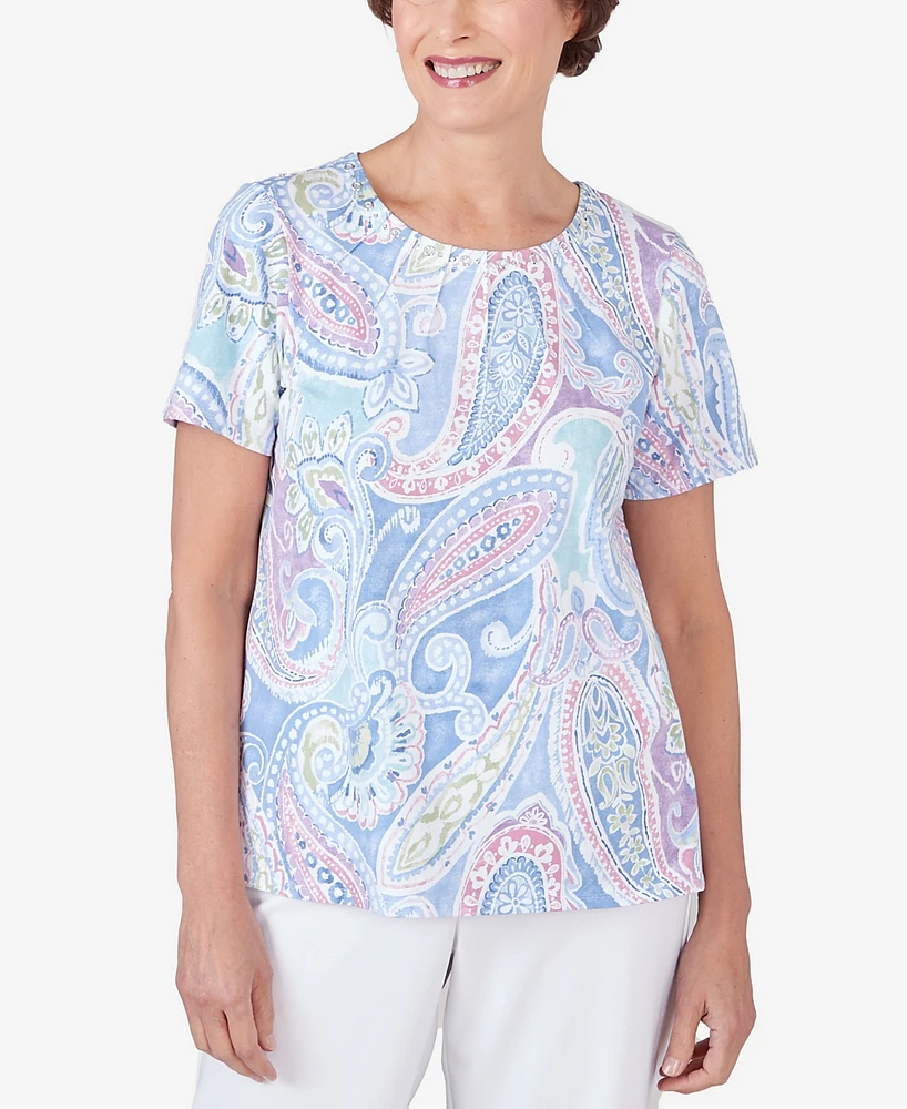 Alfred Dunner Petite Pleated Crew Neck Paisley Short Sleeve Tee