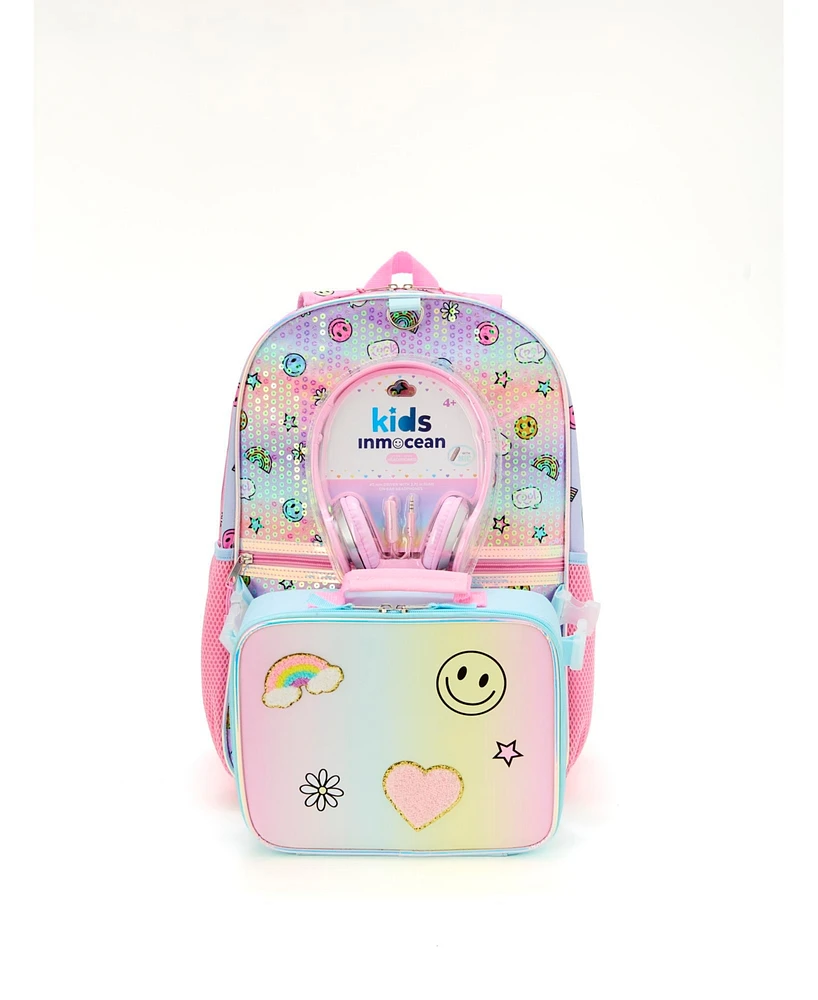 InMocean Girl's Ombre Emoji Backpack Headphone Lunch Set