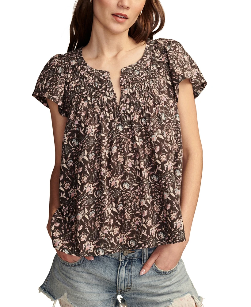 Lucky Brand Women's Cotton Smocked Flutter-Sleeve Top