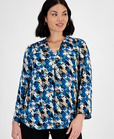 Ak Anne Klein Petite Printed V-Neck Pleat-Front Blouse