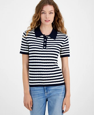 Tommy Hilfiger Women's Striped Short-Sleeve Polo Sweater