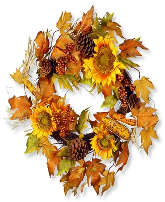 National Tree Company 24" Artificial Autumn Wreath, Decorated with Sunflowers, Pinecones, Berry Clusters, Corncobs, Maple Leaves, Autumn Collection