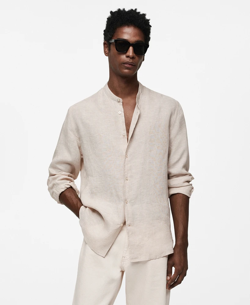 Mango Men's 100% Linen Mao Collar Shirt