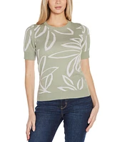 Belldini Women's Floral Jacquard Short Sleeve Sweater