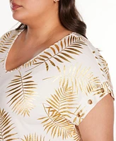 Belldini Plus Size Foil Print Grommet Trim Top