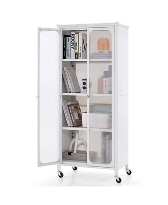 Costway Storage Cabinet with Wheels & 2 Translucent Doors Adjustable Shelves Sideboard