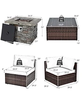Costway 7 Pcs Patio Furniture Set with 50,000 Btu Fire Pit Table Wicker Sofa Cushions