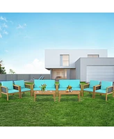 Gymax 8PCS Patio Acacia Wood Furniture Set Pe Rattan Conversation Set w/ Turquoise Cushions
