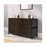 Emma+Oliver Marley 5 Drawer Storage Dresser With Cast Iron Frame, Wood Top, And Easy Pull Fabric Drawers Wooden Handles