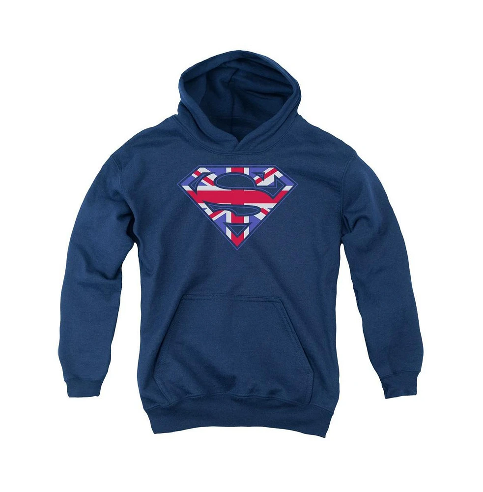 Superman Boys Youth Great Britian Shield Pull Over Hoodie / Hooded Sweatshirt