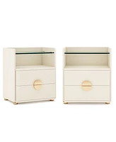 Tribesigns 2-Drawer Nightstand Set of 2, Modern Nightstands with Open Storage, Wooden Bedside Table for Bedroom, Side End Table with Gold Round Metal