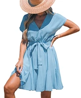 Cupshe Women's Soft Blue Short Sleeve Surplice Mini Beach Dress