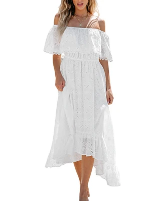 Cupshe Women's White Eyelet Off-Shoulder Midi Beach Dress
