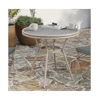 Merrick Lane Mael Bistro Style Table With Tempered Glass Top, Textilene, And Bamboo Finished Metal Frame For Indoor/Outdoor Use