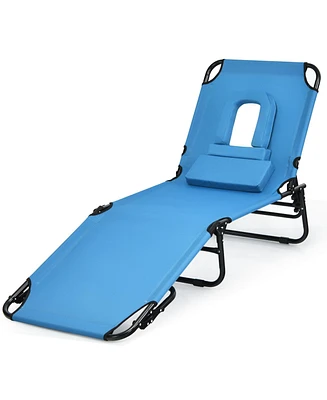 Sugift Outdoor Folding Chaise Lounger with Hand Rope and Detachable Pillow