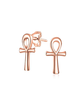 Bling Jewelry Minimalist Petite Delicate Religious Symbol of Life Egyptian Ankh Cross Stud Earrings For Women For Men Rose Gold 2.5 Microns Vermeil St