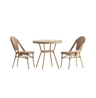 Merrick Lane Celia Bistro Style Table With Glass Top, Pe Rattan, Stack Chairs