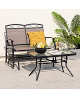 Sugift Outdoor Gliding Loveseat Chair with Tempered Glass Coffee Table