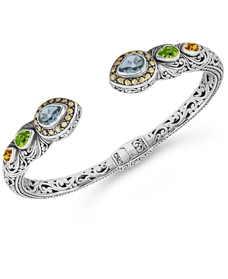 Devata Swiss Blue Topaz, Peridot, Citrine & Bali Ubud Cuff Bracelet Sterling Silver and 18K Gold