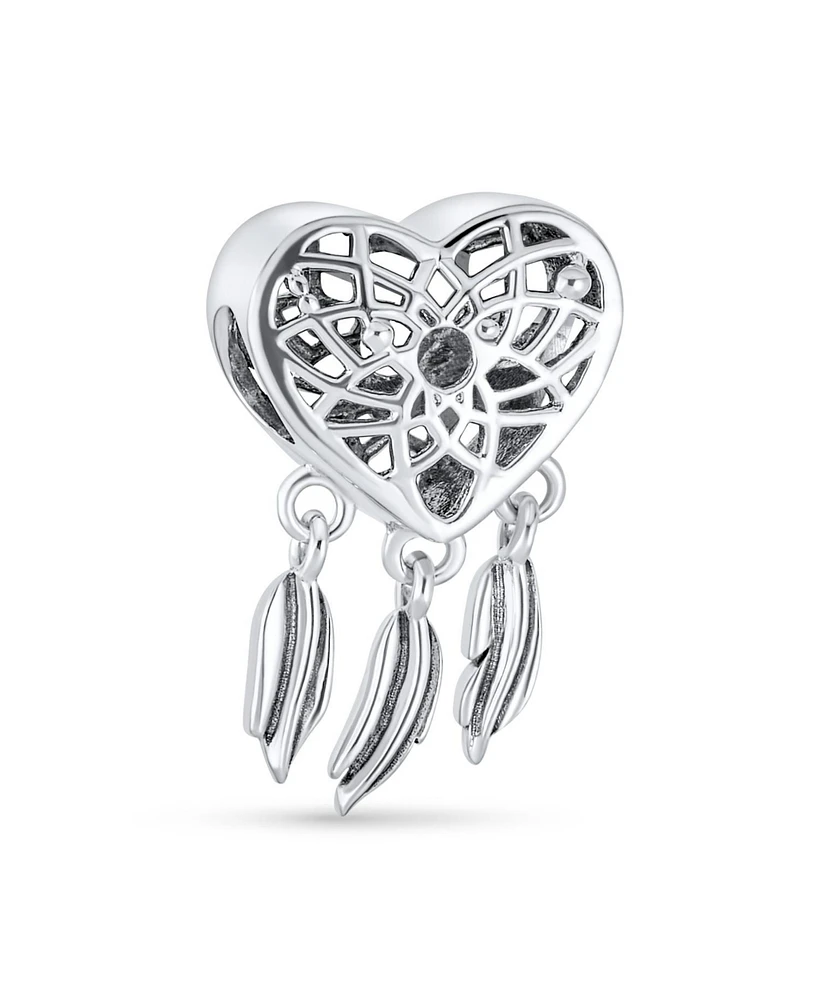 Bling Jewelry Hopes Dreams Heart Spiritual Amulet Symbol Dream Catcher Dangle Charm Bead Tassel Feather Leaves Sterling Silver Fits European Bracelet