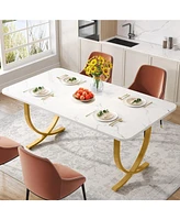 Tribesigns Rectangular Dining Table for 4 to 6, 63-Inch White and Gold Modern Kitchen Table with Faux Marble Table Top and Metal Legs for Dining Room,