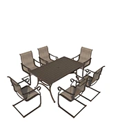 Mondawe 7-Piece Khaki Steel Table And Steel Textiliene Dining Chair Set With 6 Pcs Spring Chairs