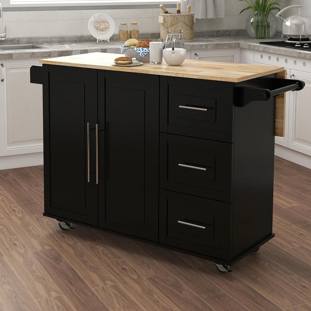 Kitchen Island With Spice Rack, Towel Rack And Extensible Solid Wood Tabletop-Black