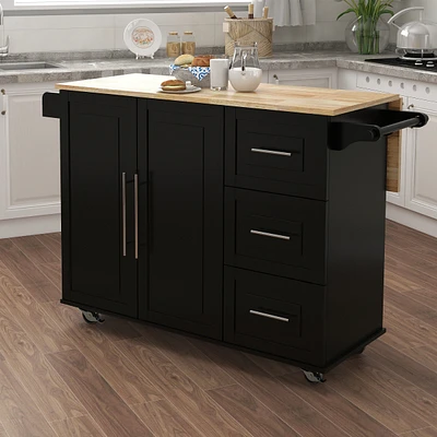 Kitchen Island With Spice Rack, Towel Rack And Extensible Solid Wood Tabletop-Black