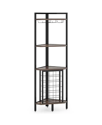 Tribesigns Corner Wine Rack with Glass Holder and Storage Shelves, 4 Tier Corner Bar Corner Wine Cabinet, Industrial Corner Wine Shelf for Living Room