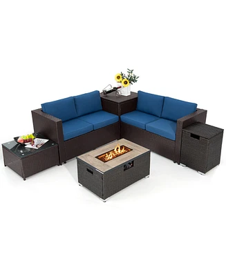 Gymax 6 Piece Patio Sofa & Fire Table Set Outdoor Rattan Sectional Sofa Set w/ Storage Box Navy