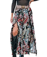 Cupshe Women's Black & Red Paisley Wide Leg Tassel Pants