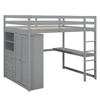 Wood Full Loft Bed With Built-In Wardrobe, Desk, Storage Shelves And Drawers