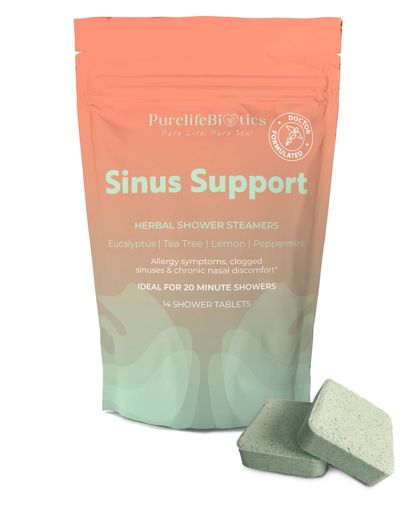 PurelifeBiotics Sinus Support: Eucalyptus & Lemon's Aromatic Relief for Allergies and Sinus Discomfort |14 Standard Tablets | 20 Minute Showers