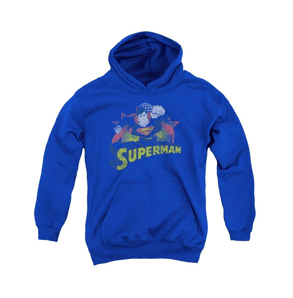 Justice League Boys of America Youth Superman Rough Distress Pull Over Hoodie / Hooded Sweatshirt