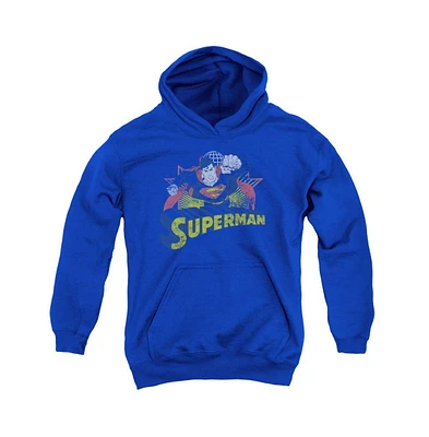Justice League Boys of America Youth Superman Rough Distress Pull Over Hoodie / Hooded Sweatshirt