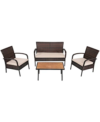Gymax 4PCS Rattan Patio Conversation Set Outdoor Furniture Set Cushioned