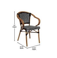 Merrick Lane Sacha Set Of Four Stacking Thonet Bistro Style Chair With Arms, Pe Rattan Seat, And Bamboo Metal Frame For Indoor/Outdoor Use