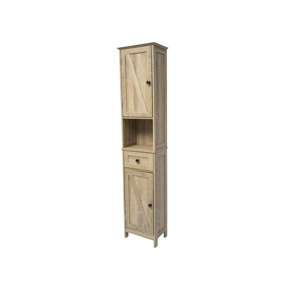 Merrick Lane Delilah Slim Linen Tower Organizer With Storage Drawer, Upper And Lower Cabinets Magnetic Closure Doors Open Shelf