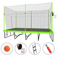 Streamdale Furniture 10ft by 17ft Rectangular Trampoline with Green Fabric Black Powder-coated Galvanized Steel Tubes with Basketball Hoop System Adva