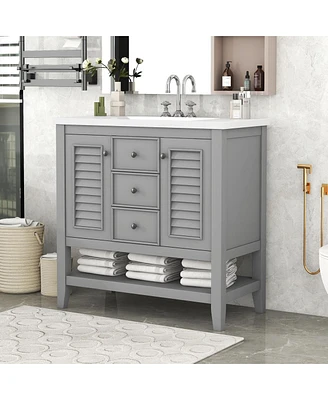 Streamdale Furniture 36" Bathroom Vanity With Ceramic Basin, Two Cabinets And Drawers, Open Shelf, Solid Wood Frame