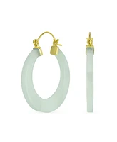 Bling Jewelry Light Green Natural Jade Green Round Bamboo Jade Hoop Earrings For Women Gold Plated Sterling Silver 1.2 Inch Diameter