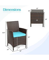 Sugift 3 Pieces Patio Cushioned Rattan Conversation Set With Glass Table Top